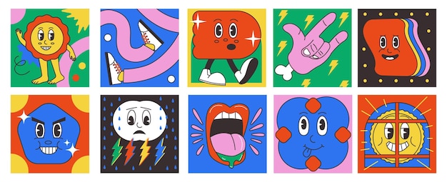 Formas psicodélicas de dibujos animados Personajes cómicos abstractos y formas con caras de imágenes prediseñadas vintage Conjunto de pancartas cuadradas vectoriales