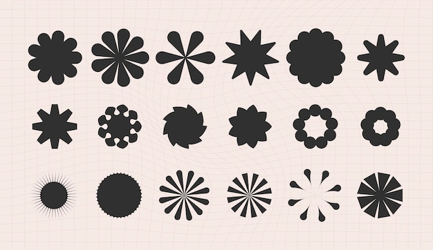 Formas y rejillas geométricas abstractas brutales figura contemporánea estrella flor en espiral ovalada y otros elementos primitivos diseño suizo estético diseño Bauhaus memphis
