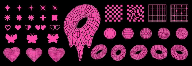 Formas retro Y2K y wireframes 3D cuadrículas formas geométricas neón rosa elementos de diseño locos
