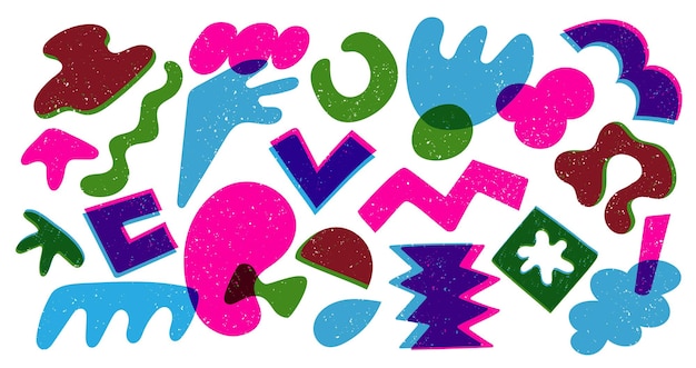 Formas risográficas abstractas figuras geométricas coloridas al azar figuras risográficas infantiles modernas elementos gráficos diferentes texturas conjunto aislado vectorial