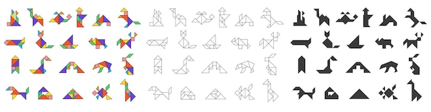 Formas de tangram Contorno y silueta tradicionales Juego de rompecabezas geométrico chino con siete piezas Geometría plana abstracta Triángulo cuadrado Formas de rombo Vector tangram
