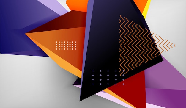 Formas triangulares geométricas en 3D, colores de fondo abstractos, triángulos, composición en un fondo gris, papel tapiz conceptual de negocios o de tecnología.