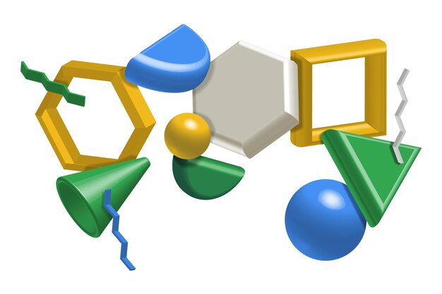 Formas tridimensionales abstractas sobre un fondo blanco formas geométricas 3d en movimiento caótico