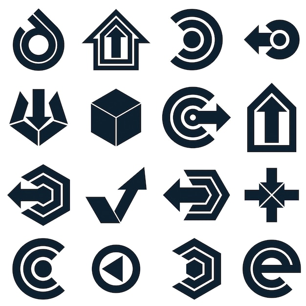 Formas vectoriales abstractas geométricas. Colección de flechas negras, pictogramas de navegación monocromos y señales multimedia, para uso en diseño web y gráfico.