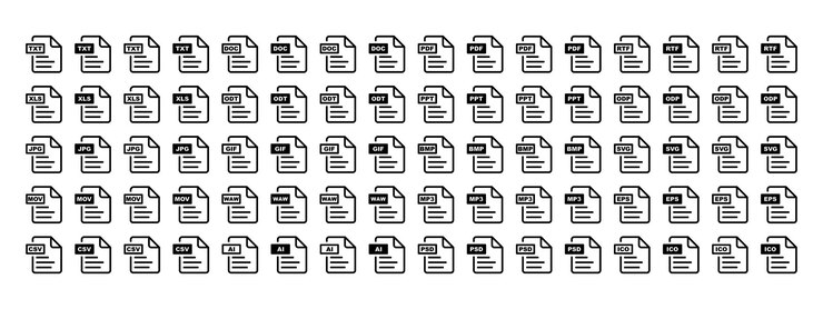 Vector el formato de archivo de la colección es iconfile forma txt doc pdf rtf csv xls odt ppt odp ai jpg gif bmp svg psd eps mp3 wav ico move representación de documentos, imágenes, tipos de archivos de audio y video