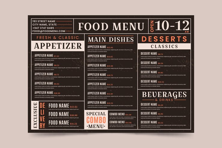 Vector formato horizontal de menú de restaurante digital