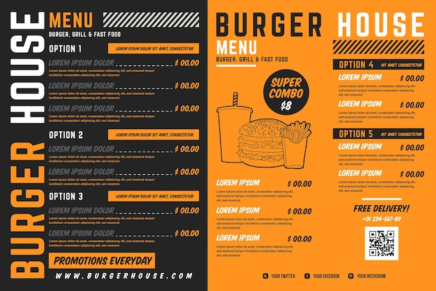 Vector formato horizontal de menú de restaurante digital