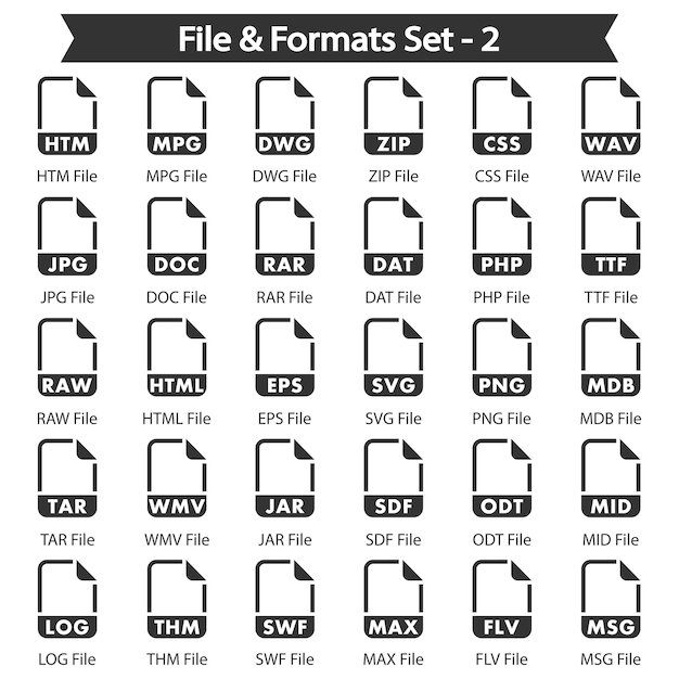 Vector formatos de archivo 2 conjunto de íconos negros