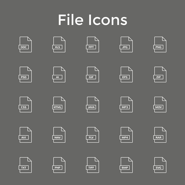Formatos de archivo Iconos Medios de documento y tipo de archivo Colección de arte vectorial