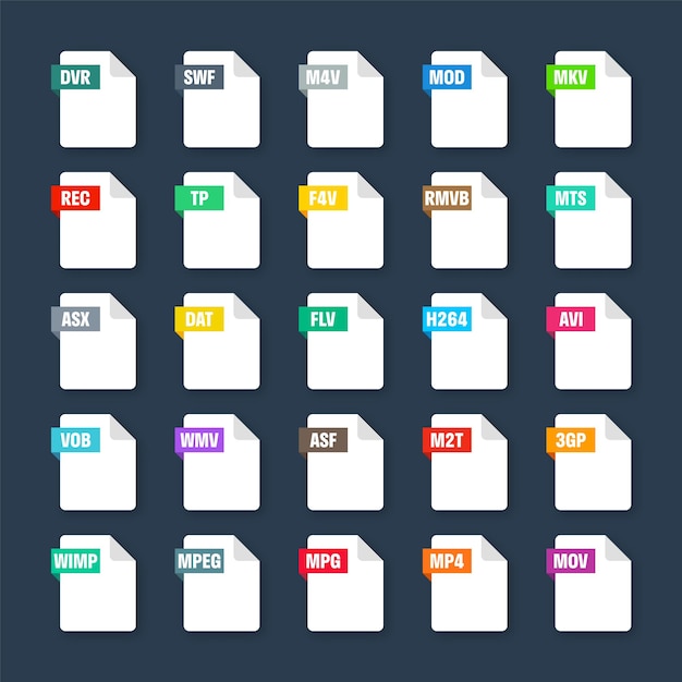 Formatos de archivo del sistema comunes tipos de documentos y extensiones de estilo plano iconos documento de colección