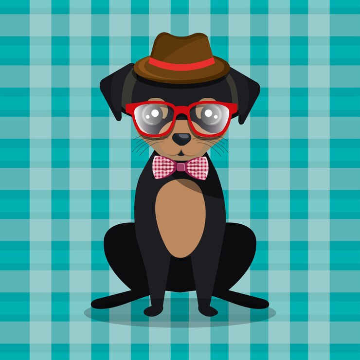 Vector forme el perrito del perro siéntese las gafas de sombrero arquee el fondo