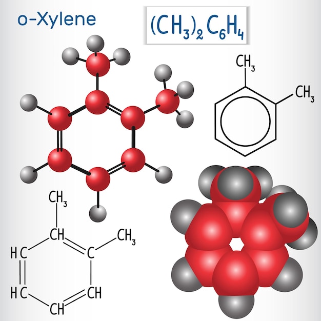 Vector fórmula y modelo químico estructural de la molécula de ortoxileno oxileno