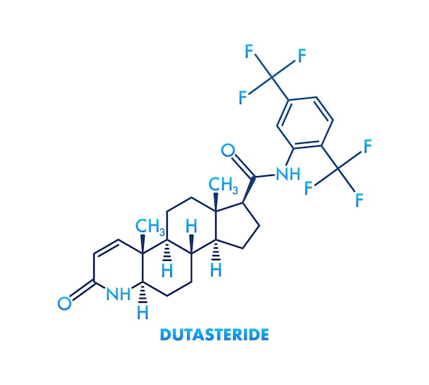 Fórmula química de dutasterida fórmula esquelética o fórmula estructural que muestra la unión de átomos por líneas bolas y palos modelo