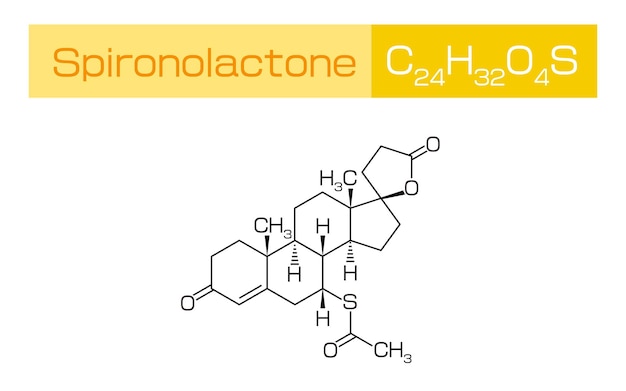 Vector fórmula química y estructural de espironolactona un agente terapéutico utilizado para tratar aga y adelgazamiento del cabello en mujeres