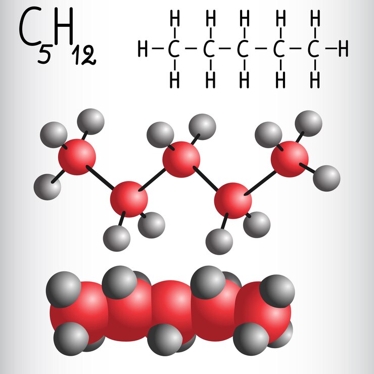 Vector fórmula química y modelo molecular de pentano c5h12 ilustración vectorial