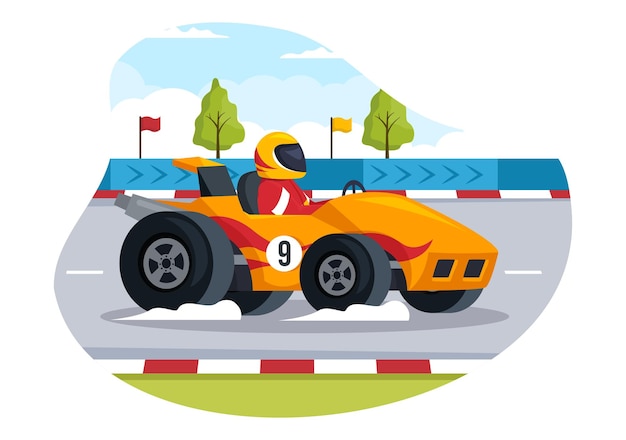 Vector fórmula racing sport car alcance en el circuito de carreras la línea de meta ilustración de dibujos animados para ganar