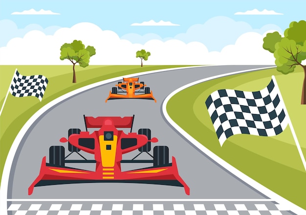 Fórmula racing sport car alcance en el circuito de carreras la línea de meta ilustración de dibujos animados