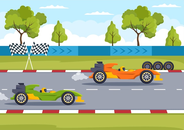 Vector fórmula racing sport car alcance en el circuito de carreras la línea de meta ilustración de dibujos animados