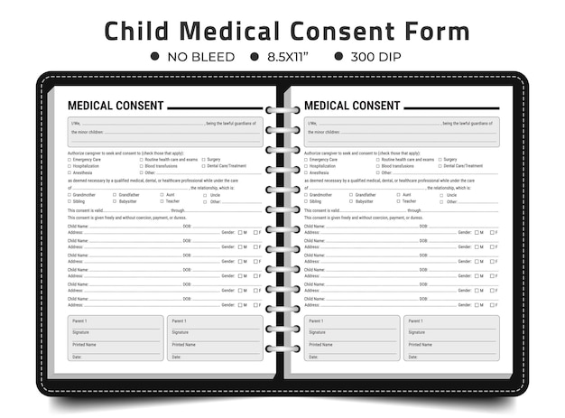 Vector formulario de consentimiento médico infantil en caso de emergencia.