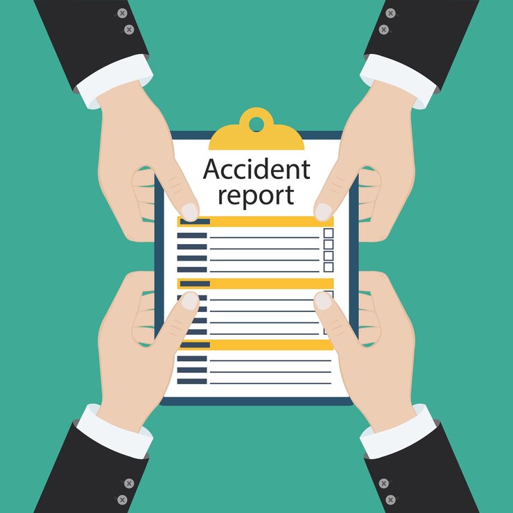 Vector formulario de informe de accidente el hombre escribe la pluma de la aplicación y el portapapeles en la mano plantilla vector ilustración diseño plano aislado en el fondo