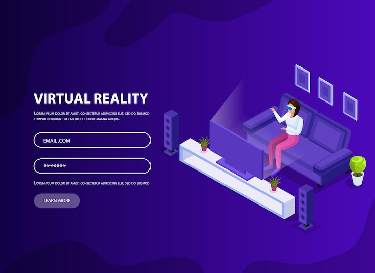 Vector formulario de inicio de sesión para el sitio web isométrico hombre mujer en gafas de realidad virtual y espacio con planetas