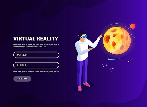 Formulario de inicio de sesión para el sitio web isométrico hombre mujer en gafas de realidad virtual y espacio con planetas