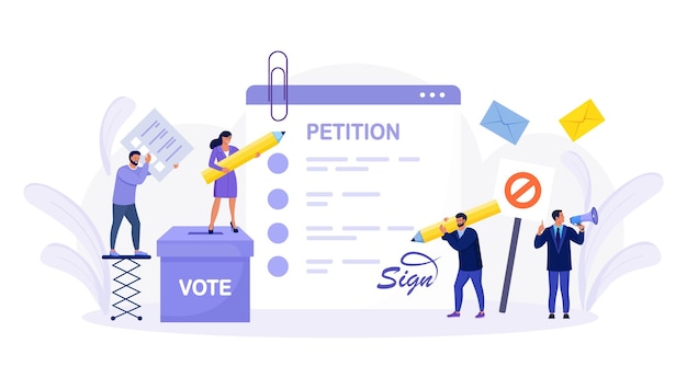 Formulario de petición con casilla de voto. Personas que firman y difunden peticiones o quejas. Votación en línea, elección. Papel, democracia. Documento de llamamiento público colectivo dirigido a un gobierno