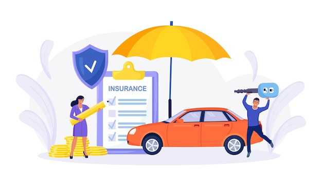 Formulario de póliza de seguro de automóvil con escudo, paraguas. Agente de seguros o vendedor proporcionando documento de seguridad. Personas que compran auto, leasing Protection, garantía del vehículo por accidente, daño o colisión