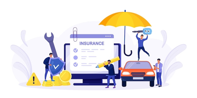 Formulario de póliza de seguro de automóvil en la pantalla de la computadora. Agente de seguros o vendedor proporcionando documento de seguridad. Gente comprando auto, arrendamiento. Protección, garantía del vehículo por accidente, daño o colisión.