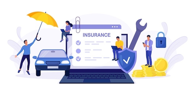 Formulario de póliza de seguro de automóvil en la pantalla del portátil. Agente de seguros o vendedor proporcionando documento de seguridad. Gente comprando auto, arrendamiento. Protección, garantía del vehículo por accidente, daño o colisión.