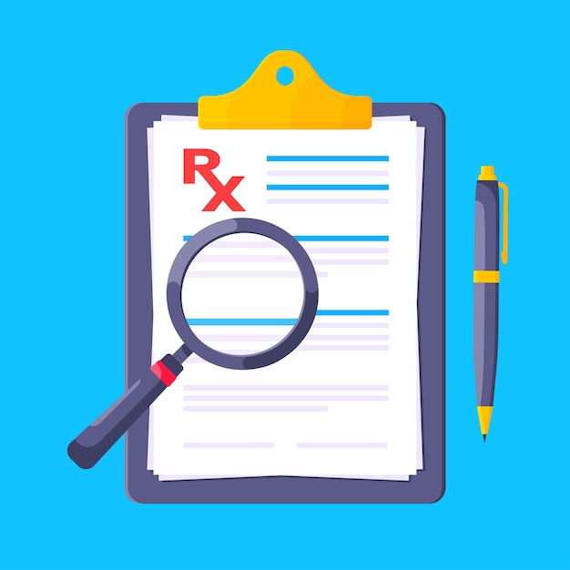 Formulario de receta médica rx en el clipboard Ilustración vectorial de diseño de estilo plano Clipboard con rx