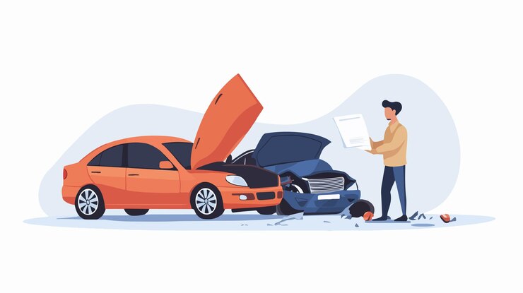 Vector formulario de reclamación de seguro profesional con concepto de accidente automovilístico con un hombre llenando el formulario