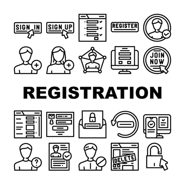 Formulario de registro conjunto de iconos web vector registro usuario sitio web inicio de sesión en línea computadora portátil internet nueva aplicación formulario de registro web ilustraciones de contorno negro