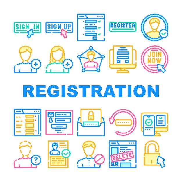 Formulario de registro conjunto de iconos web vector registro usuario sitio web inicio de sesión en línea computadora portátil internet nueva aplicación formulario de registro web ilustraciones de línea de color