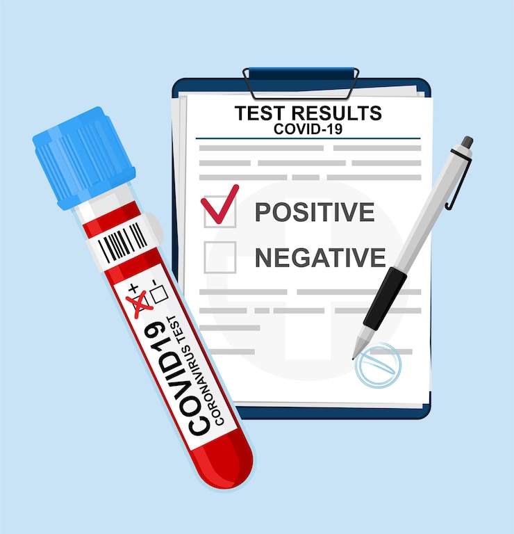 Vector formulario con los resultados de las pruebas de coronavirus de un laboratorio médico. diagnóstico de coronavirus por sangre de un tubo de ensayo. resultados de la prueba del paciente covid-19.