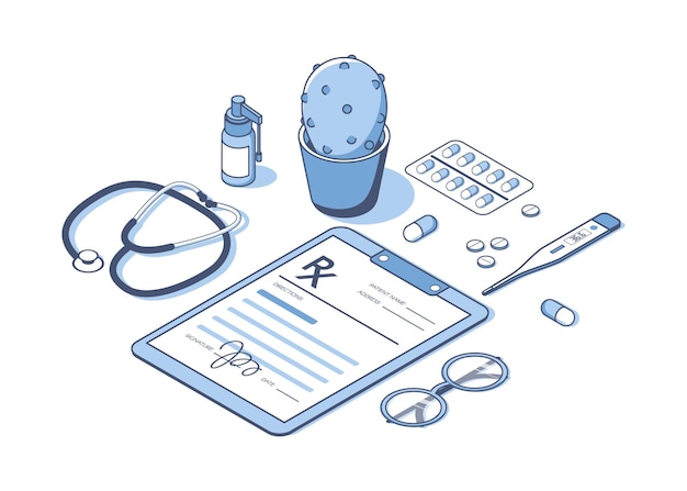 Vector formulario rx con estetoscopio y remedio