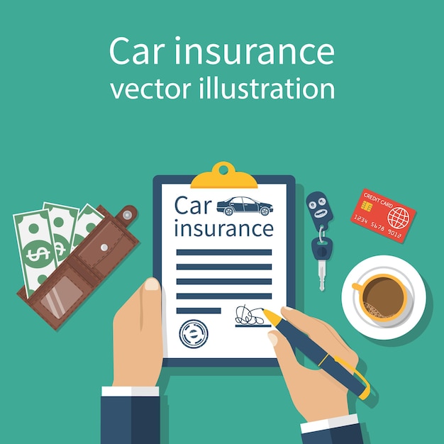 Formulario de seguro de coche. El hombre firma un documento legal de seguro de automóvil. Llaves, dinero, tarjeta de crédito en segundo plano. Diseño plano de ilustración vectorial.