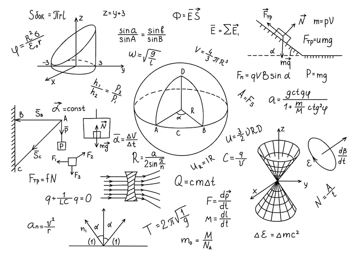 Vector fórmulas de física dibujadas a mano educación del conocimiento de la ciencia.