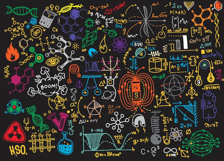 Vector fórmulas físicas e ilustración dibujada a mano de fenómenos scienex9xa