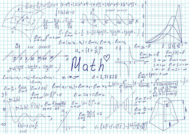 Fórmulas matemáticas dibujadas a mano en una página de un cuaderno para el fondo Ilustración vectorial