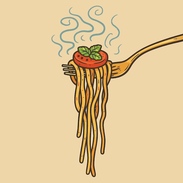 Forquilla sosteniendo pasta caliente con tomate y albahaca en la parte superior del gráfico