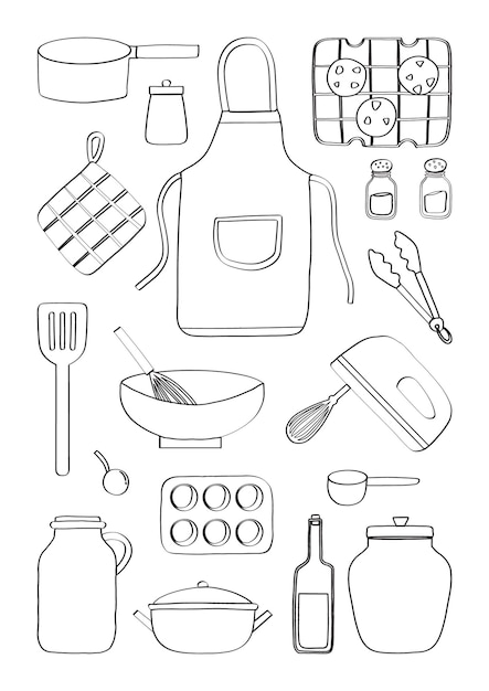 Forrado moderno varios lindos utensilios de cocina y elementos para hornear ilustración