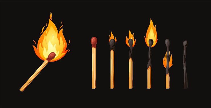 Vector fósforo quemado con fuego conjunto de fósforos con cabeza de azufre etapas de llamas extinción de encendido