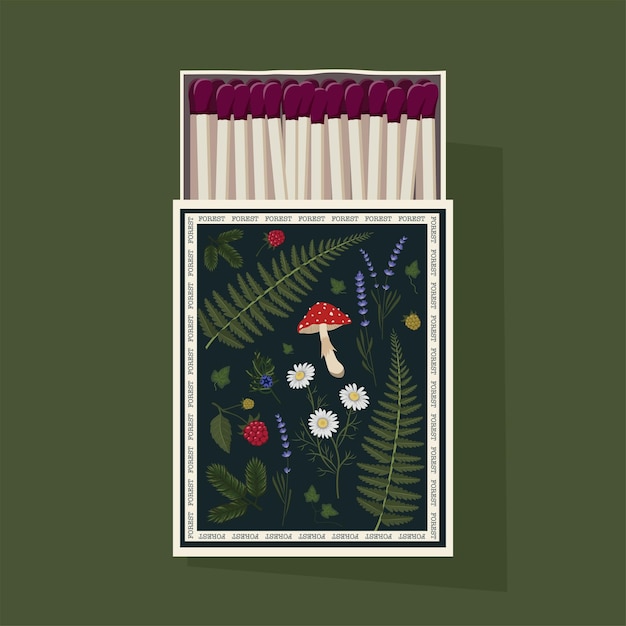 Vector fósforos matchbox ilustración de fósforos con un hermoso patrón de bosque