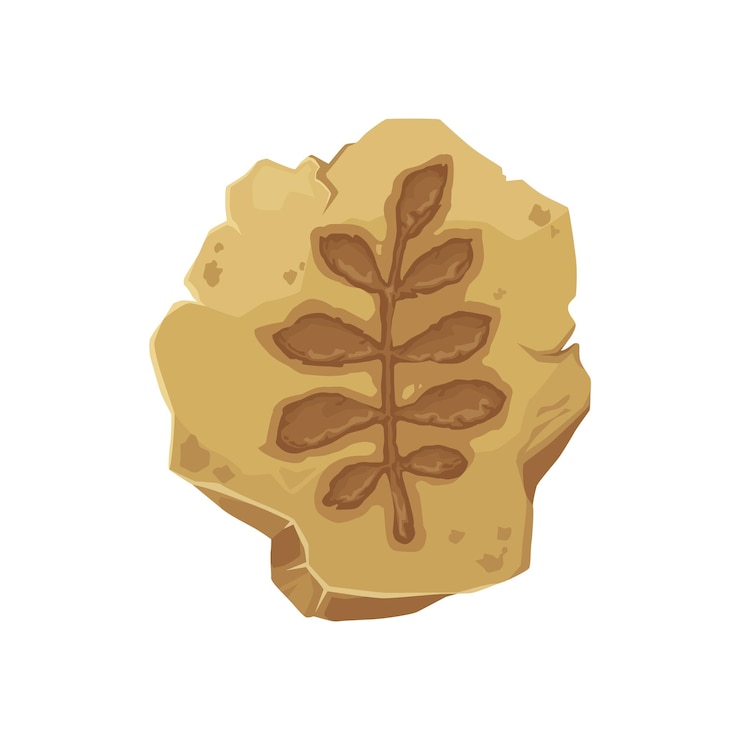 Vector fósil de helecho, huella de hoja de planta de piedra antigua. silueta vectorial del follaje de plantas de la selva prehistórica. fósil del helecho jurásico, roca marrón de dibujos animados con huella de hojas de neuropteris, naturaleza antigua