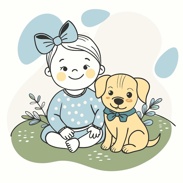 una foto de un bebé y un perro con una cinta a su alrededor