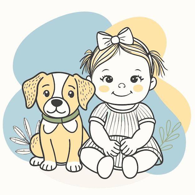 una foto de un bebé y un perro con un perro amarillo