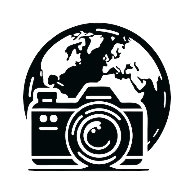 Vector una foto en blanco y negro de una cámara con la imagen de un mundo en ella