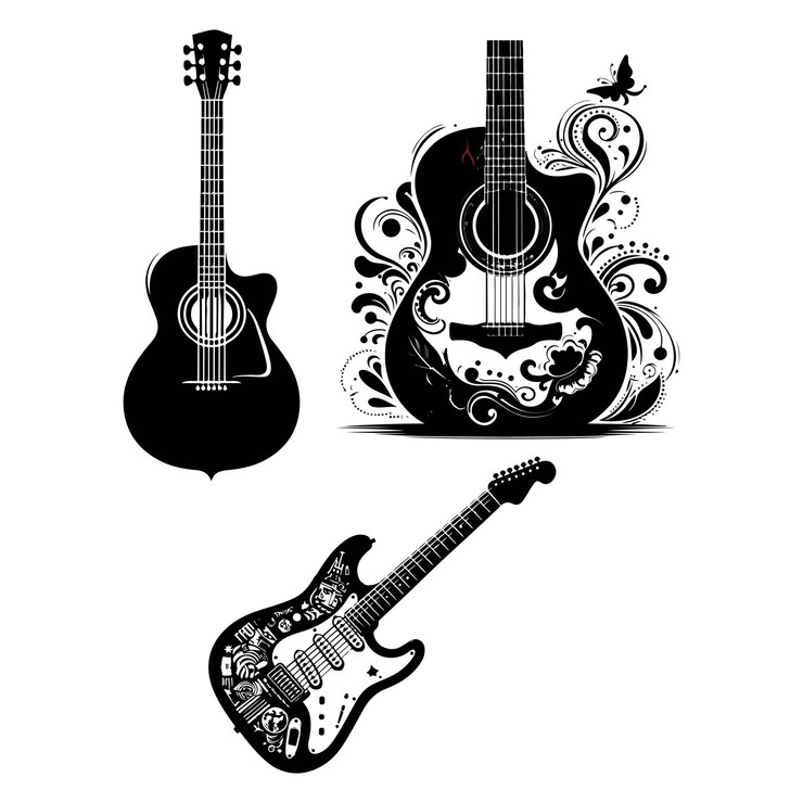 Vector una foto en blanco y negro de dos guitarras y una foto de una guitarra