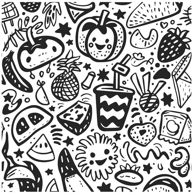una foto en blanco y negro de una escena de dibujos animados con una fruta y una taza de café